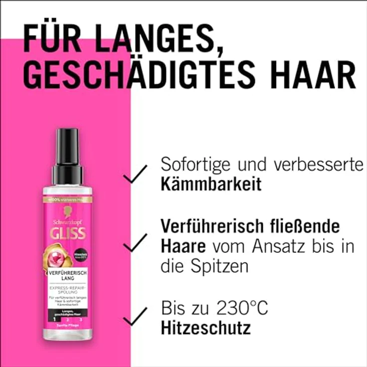 Gliss Express-Repair-Spülung Verführerisch Lang (200 ml), Haarspülung mit Hitzeschutz bis 230 °C und Biotin-Komplex für repariertes, fließendes Haar – Bild 4