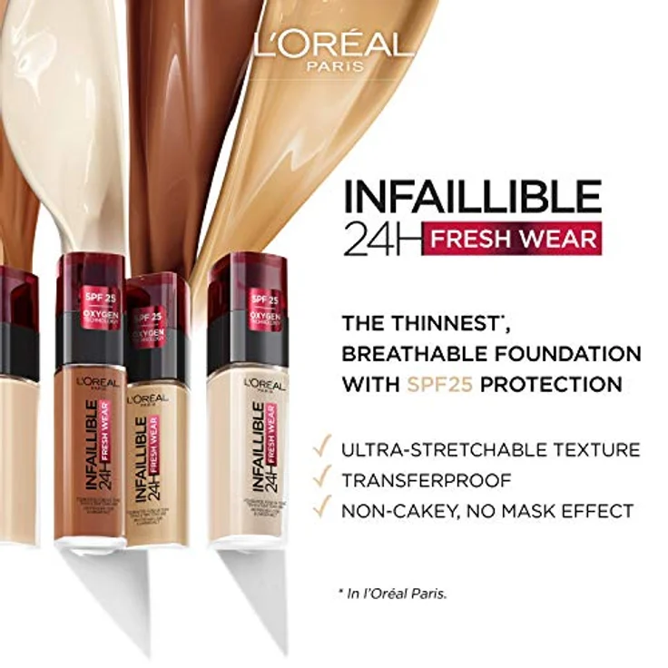 L'Oréal Paris Make up, Wasserfest und langanhaltend, Flüssige Foundation mit LSF 25, Infaillible 32H Fresh Wear Make-up, Nr. 375 Deep Amber, 30 ml – Bild 5