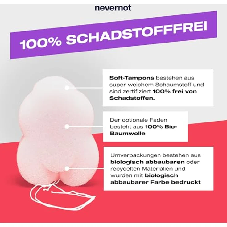 nevernot Soft-Tampons, vakuum-verpackte Tampons im 10er-Pack, 100 % Funktion mit optionalem Faden, schadstofffreier Schaumstoff, OEKOTEX® Standard 100 – Bild 6