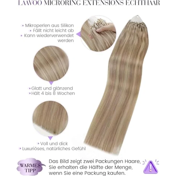 LaaVoo Microring Extensions, Echthaar Haarverlängerung in Aschblond Highlighted Blond, 50g, 35cm, Remy Bondings #P18/613 – Bild 2