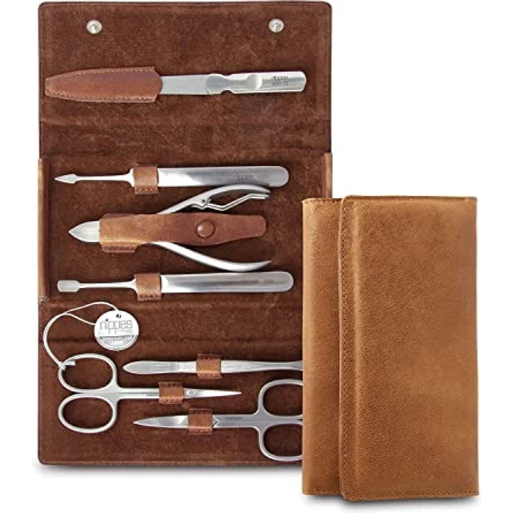 Nippes Whiskey Maniküre-Set braun, inkl. Hautschere, Nagelschere, Saphirfeile, Pinzette, Reiniger, Nagelzange & Drücker, aus rostfreiem Stahl, Rindleder-Etui – Bild 2