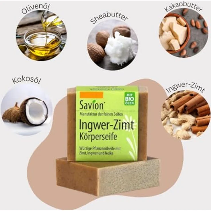 Savion Ingwer-Zimt Körperseife, Würzige Pflanzenölseife, Palmölfrei, Vegan, Tierversuchsfrei, 80g – Bild 2