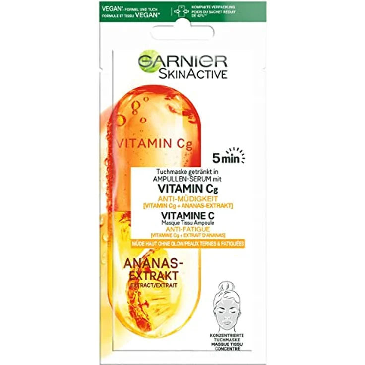 Garnier Tuchmaske, Gesichtsmaske für müde Haut ohne Glow, Anti-Müdigkeit, Getränkt in Ampullen-Serum, Vegane Formel mit Vitamin C und Ananas-Extrakt, 15 g – Bild 1