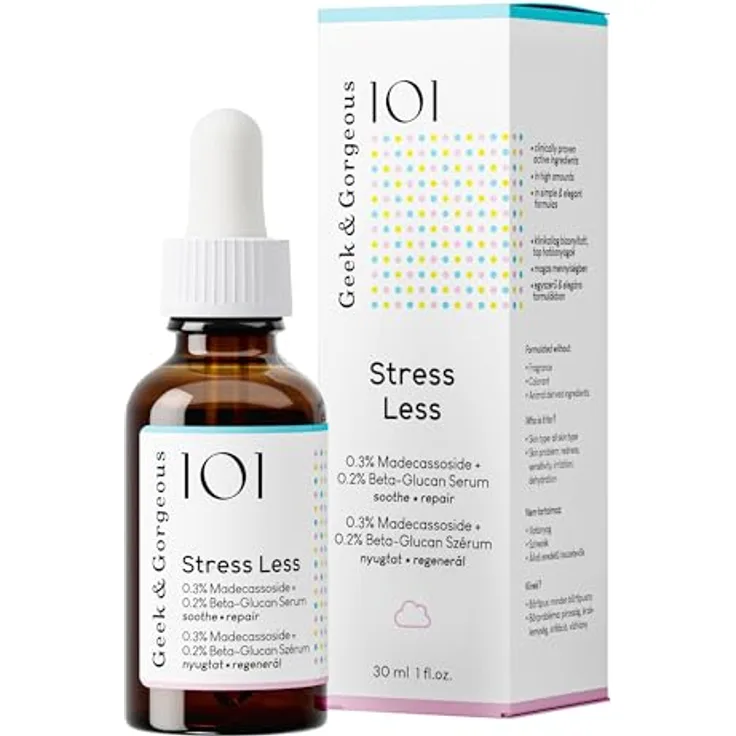 Geek & Gorgeous STRESS LESS - Hautberuhigendes Serum mit Beta-Glucan und Madecassoside - 30 ml Pipettenflasche für alle Hauttypen