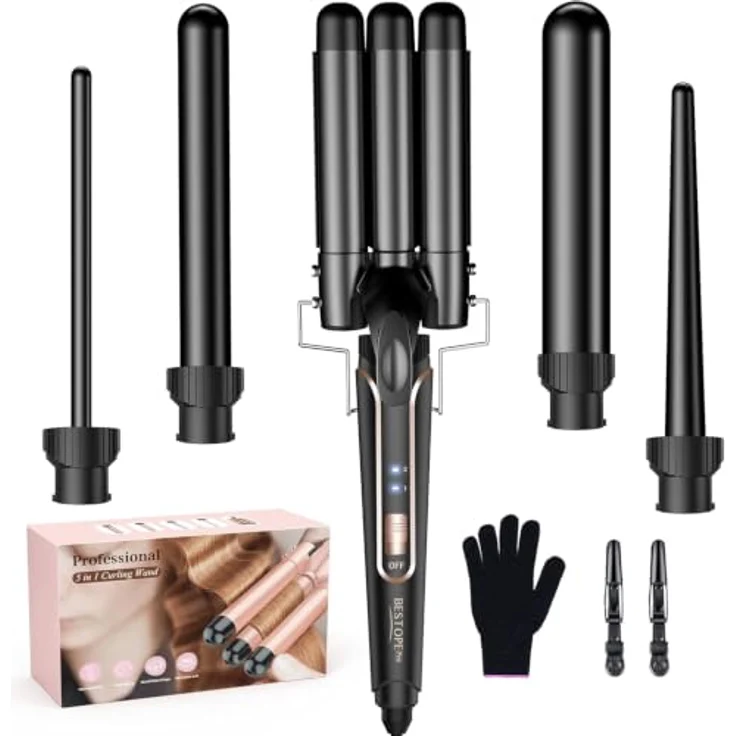 BESTOPE PRO 5-in-1 Lockenstab Set mit 3 Fässern, Temperatureinstellungen für alle Haartypen, Schnellaufheizung, Schwarz – Bild 1