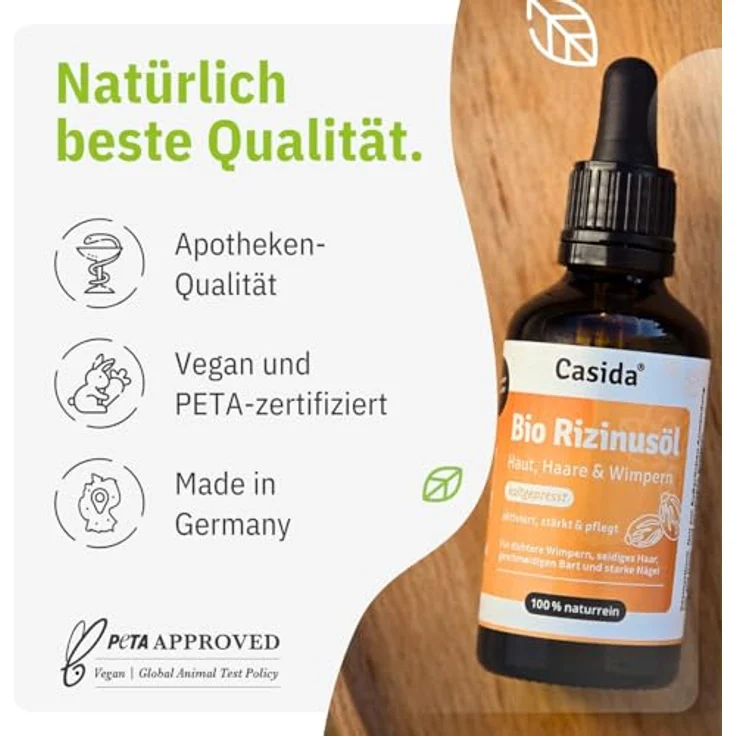 Casida Bio Rizinusöl 50ml - 100% Rein, Kaltgepresst, Für Wimpern, Augenbrauen, Haare, Bart, Nägel - Vegan, Glasflasche mit Pumpe – Bild 2