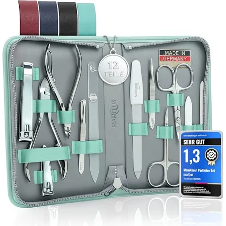 marQus Solingen Maniküre- und Pediküre Set, 12-teiliges Komplett-Kit in mintgrünem Echtleder-Etui für Hand- und Fußpflege – Bild 1