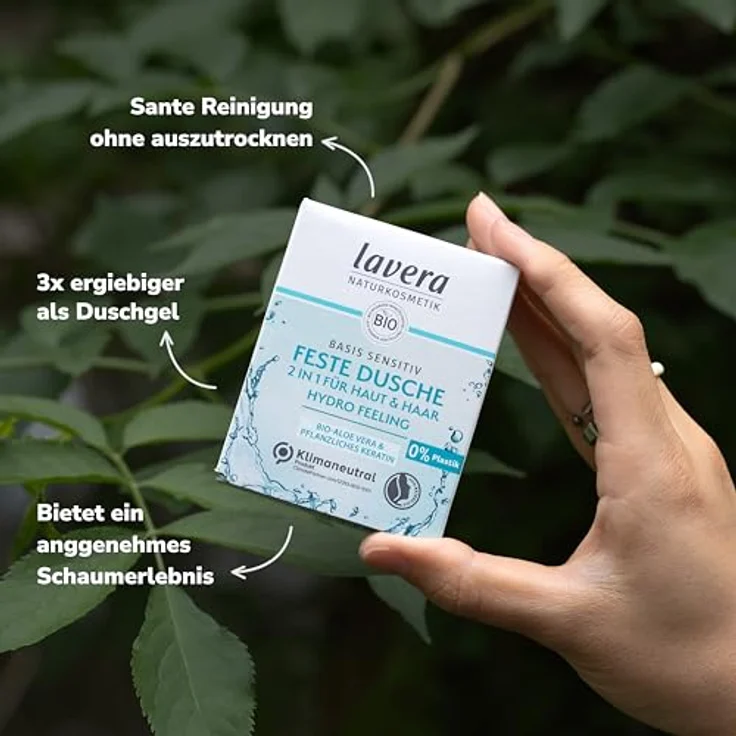 lavera Feste Duschseife Basis Sensitiv - Hydro Feeling 2in1, vegane Körper- und Haarreinigung, 50g – Bild 3