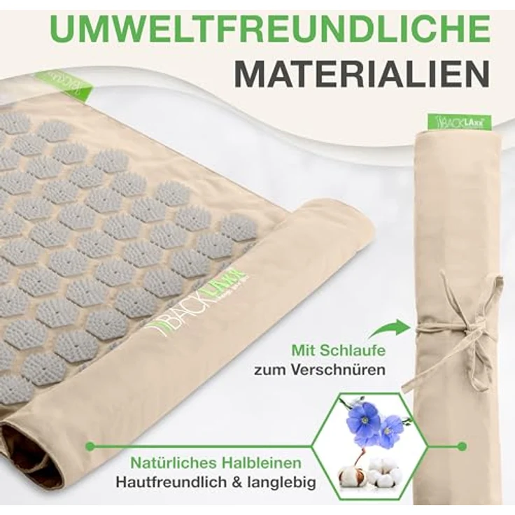 BACKLAxx® Akupressurmatte Set To-Go "Original", 6.960 Spitzen, umweltfreundliches Halbleinen, Kokosfaserfüllung und Naturlatex-Kissen – Bild 4