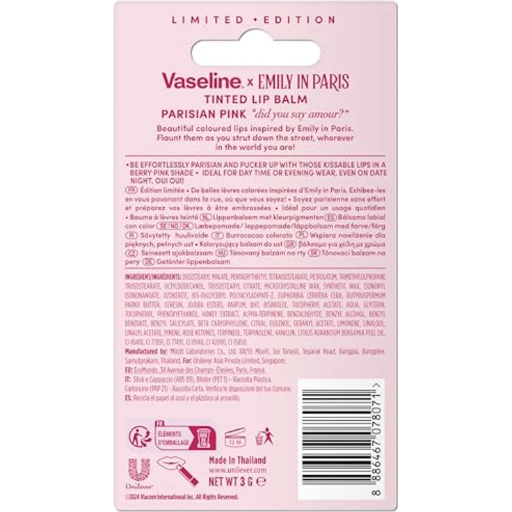Vaseline Lippenbalsam mit Farbe, Emily Parisian Pink, 3 g, 24-Stunden-Feuchtigkeitsversorgung mit 9% Vaseline, intensives Rosa – Bild 3