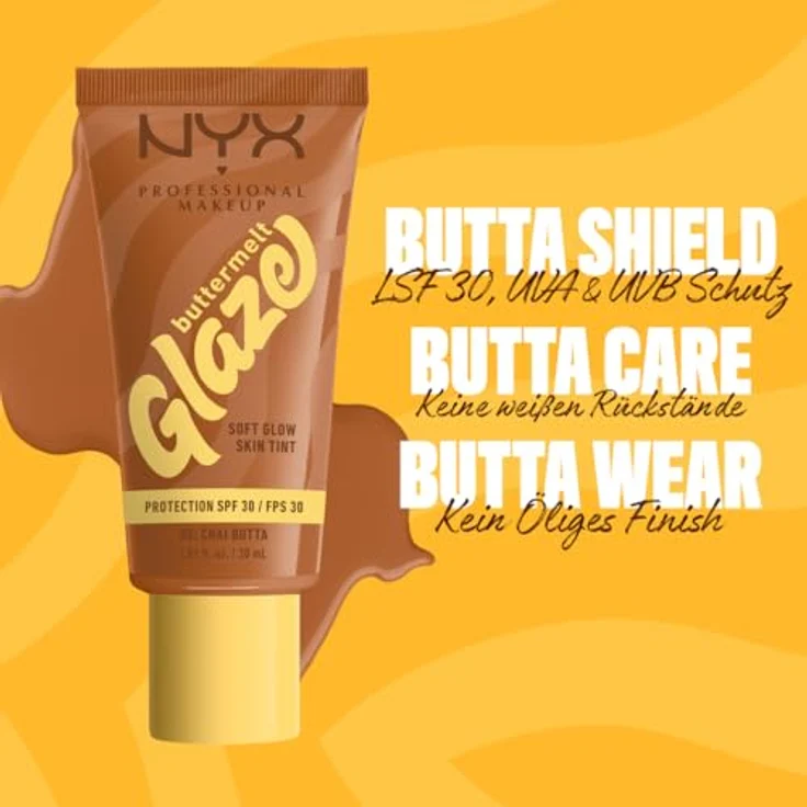 NYX PROFESSIONAL MAKEUP Buttermelt Glaze Foundation, LSF 30, 30 ml, Farbton: 05 Chai Butta, mit Sheabutter, Mangobutter und Niacinamide – Bild 4