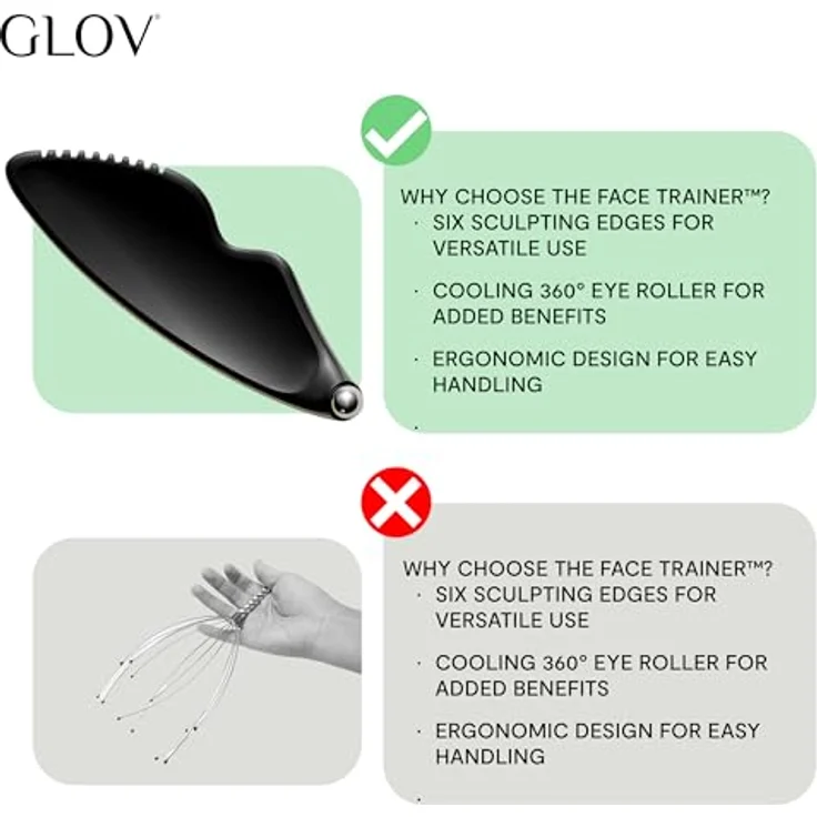 GLOV Face Trainer new generation, Gua Sha Gesicht Roll-On mit 6-seitiger Skulpturfläche und 360° kühlendem Augenroller aus hautfreundlicher Zinklegierung – Bild 5