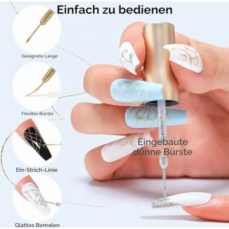 AIMEILI Gel Liner Nail Art Set, 2PCS Silber Gold 8ml Glitter für UV/LED, feiner Pinsel für DIY Nageldesigns – Bild 4