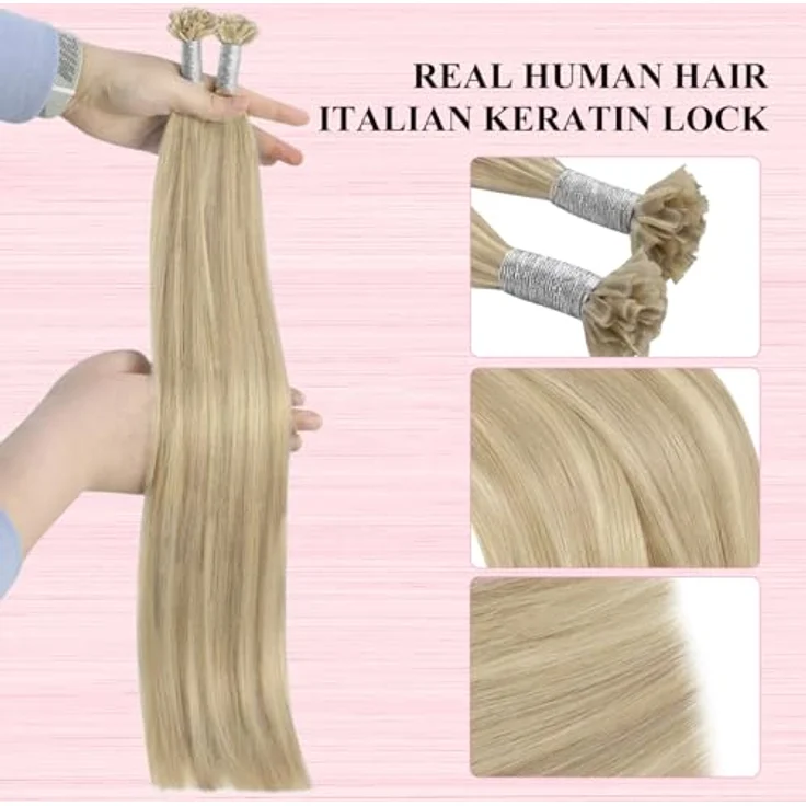 YoungSee U-Tip Haarverlängerungen, 50g Echthaar Bondings in Aschblond Highlight und Platinblond, 35 cm Länge, schonende Keratinbindung – Bild 3