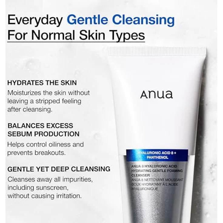 ANUA Hydrating Gentle Foaming Cleanser, Gesichtswash mit Hyaluronsäure, Glycerin und Zink, feuchtigkeitsspendend für trockene Haut, 150 ml – Bild 3