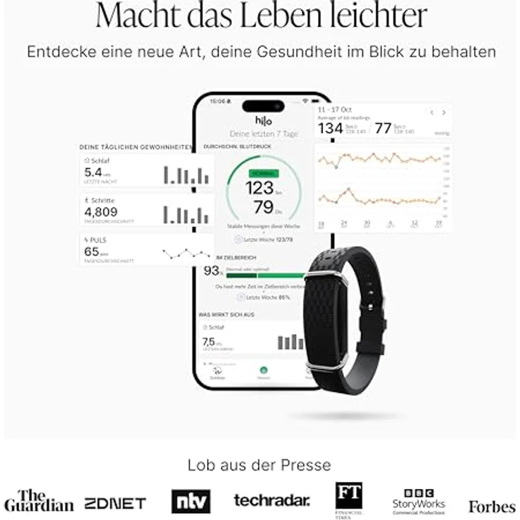 Hilo 24/7 Blutdruckmessarmband, klinisch validiertes Manschettenloses Medizinprodukt, IP68, Blutdruckmessgerät, Herzfrequenzmesser, Schlaftracker & Schrittzähler, 15 Tage Akku, inkl. 12 Monate Abo – Bild 7