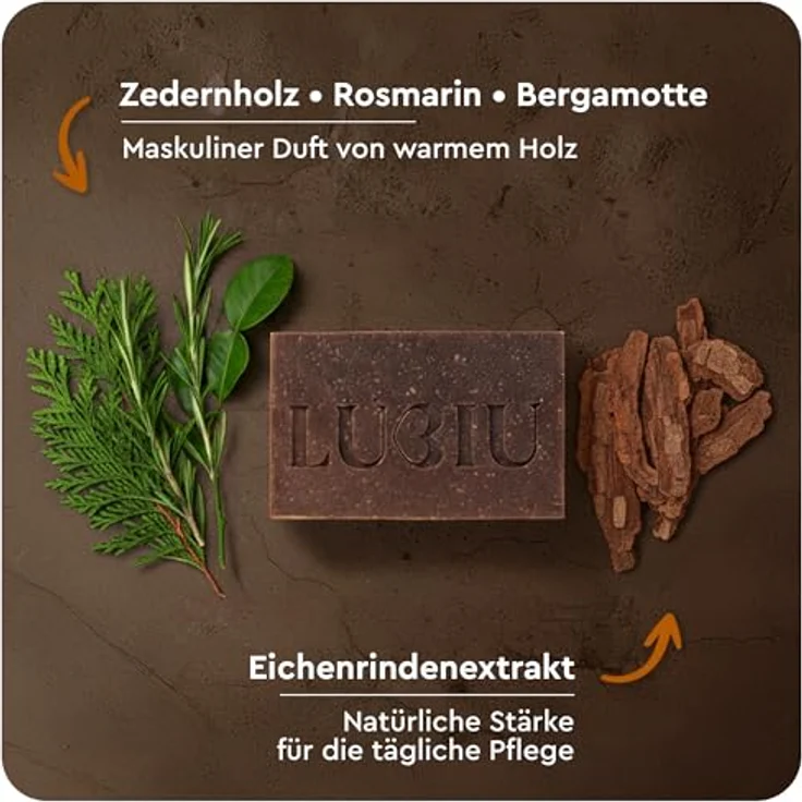 lubiu Eichen Seife 100g, 3in1 Feste Duschseife für Männer, Körper, Haare & Bart, natürliche Inhaltsstoffe, erdiger Duft mit Zedernholz und Rosmarin – Bild 5