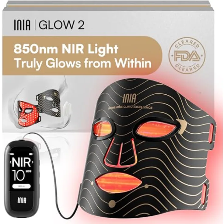 INIA GLOW LED Gesichtsmaske, Rotes & Blaues Licht, 220 LEDs, 3 Modi, Wiederaufladbarer Akku, Timer 10–30 Min, Abschaltautomatik