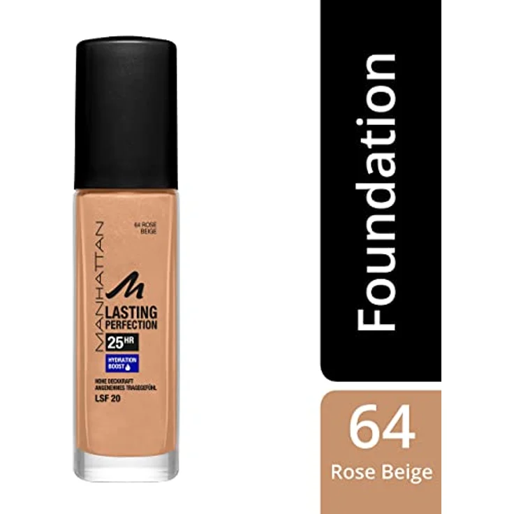 Manhattan Lasting Perfection 25 Stunden Make up, Rose Beige 64, feuchtigkeitsspendende Foundation, langanhaltend, hohe Deckkraft, für einen makellosen Teint, 30 ml – Bild 3