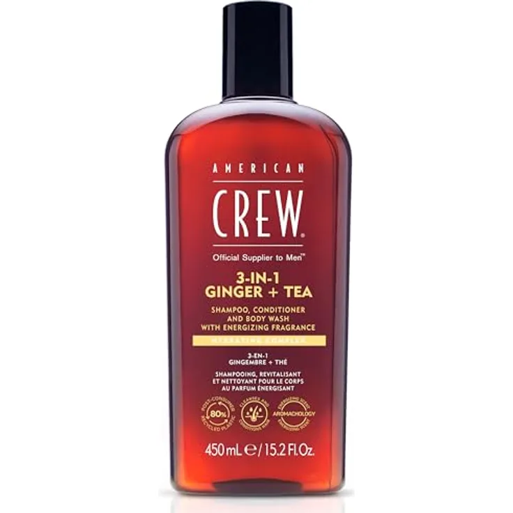 AMERICAN CREW 3-in-1 Ginger & Tea Shampoo, Conditioner & Body Wash, 450ml, Pflegeshampoo und Duschgel für Männer, belebender Duft, feuchtigkeitsspendend