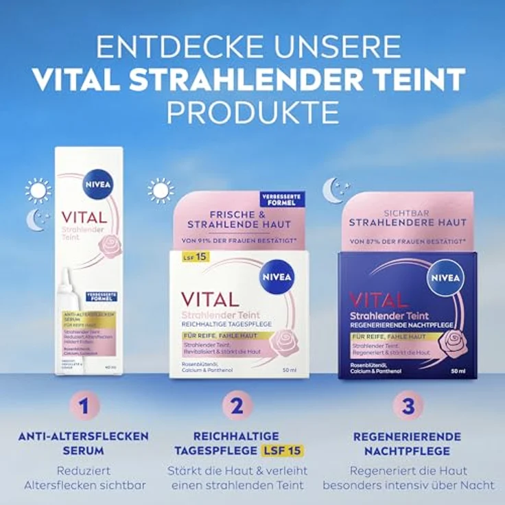 NIVEA VITAL Strahlender Teint 3in1 Beauty Gesichtsserum, Anti-Altersflecken, 40 ml Damen, mit Rosenblüten-Öl und Lumicinol – Bild 3