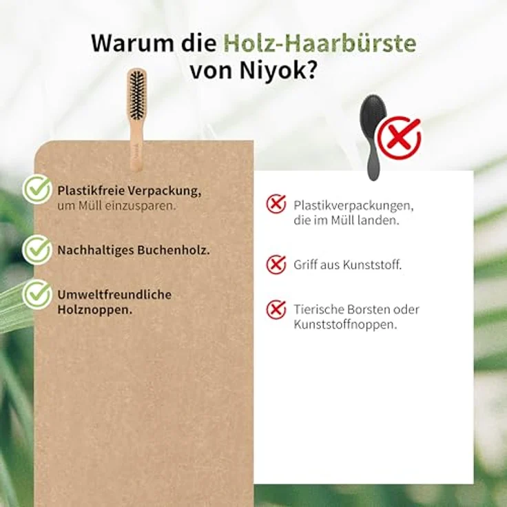 Niyok® Längliche Holz-Haarbürste • Natur Holz Bürste mit Holznoppen • Holzbürste für alle Haartypen • Nachhaltige Haarbürste aus Buchenholz • Vegan, nachhaltig & plastikfrei – Bild 5