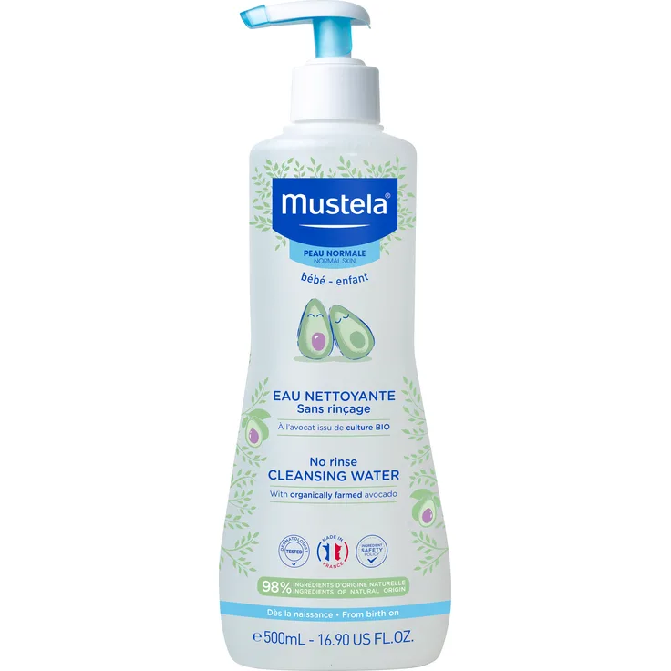 Mustela Bébé Reinigungswasser No-Rinse Cleansing Water, 500 ml, sanfte Reinigung ohne Wasser, mit Bio-Avocadoextrakt