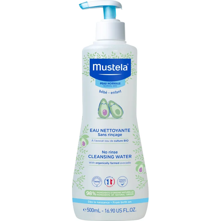Mustela Bébé Reinigungswasser No-Rinse Cleansing Water, 500 ml, sanfte Reinigung ohne Wasser, mit Bio-Avocadoextrakt