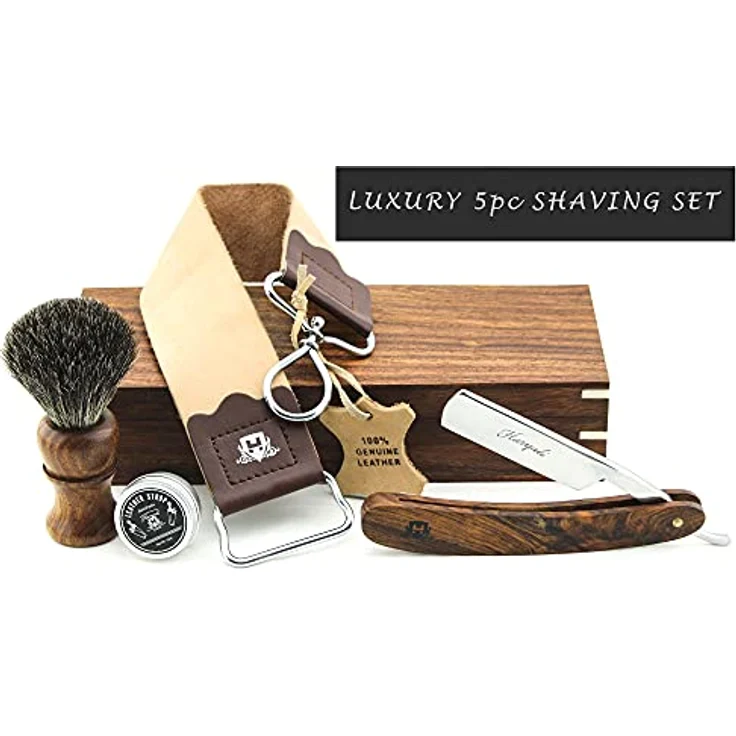 Haryali London Holzbox mit Rasierzubehör (Rasiermesser, Rasierpinsel, Abziehriemen, Schleifpaste) - Luxuriöses 5-teiliges Set, Palisanderholz – Bild 2