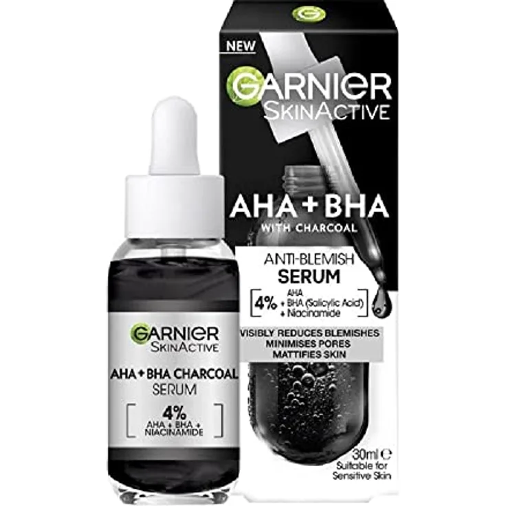 Garnier AHA + BHA Serum, Salicylsäure, Kohle & 4% Niacinamide Serum, Gesichtspflege gegen Unreinheiten, mildert Mitesser & Unreinheiten sichtbar, für ebenmäßige & geschmeidige Haut, Hautklar, 30ml