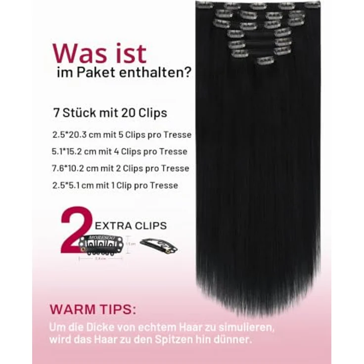Moresoo Clip in Extensions Echthaar, 60 cm, 7 Stück, 120g, seidiges Remy-Haar, atmungsaktiv, für Volumen und Länge – Bild 3