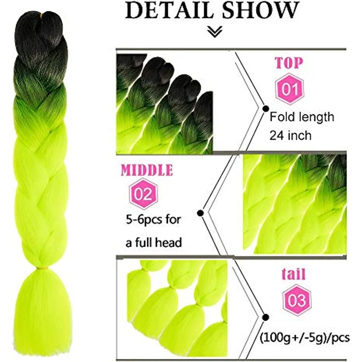 Shangxiu Jumbo Braids Extensions, 6 Stück Haarverlängerungen, 24 Zoll, Black to Fluorescent Green, hitzebeständige synthetische Faser – Bild 3