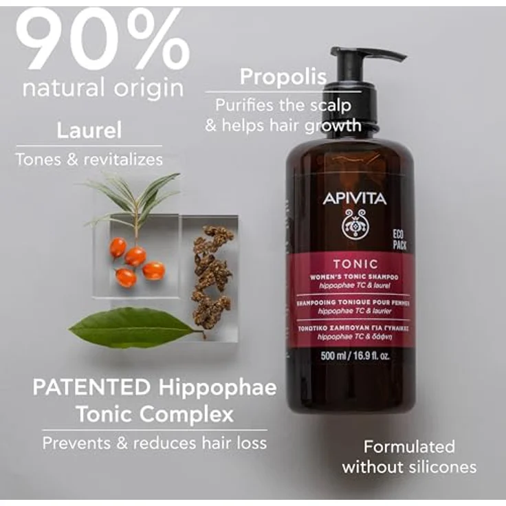 Apivita Tonic Shampoo für Frauen mit schütterem Haar 500 ml - Fördert gesundes Haarwachstum, Stärkt, Gibt Volumen - Bekämpft Haarausfall mit Patentiertem Hippophae Tonic Komplex, Lorbeer & Propolis – Bild 3
