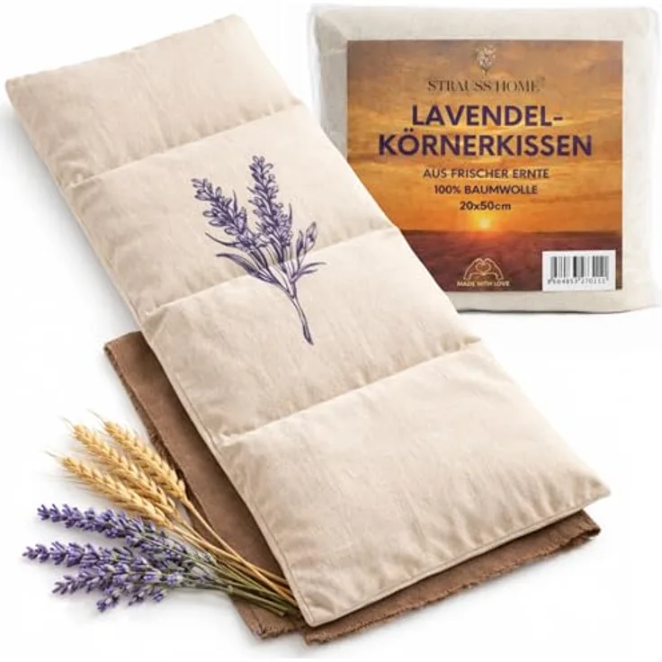 Strauss Home® Körnerkissen groß – Mikrowellengeeignetes Wärmekissen mit natürlichen Weizenkörnern und Lavendel für Nacken, Schultern und Rücken – 20x50 cm