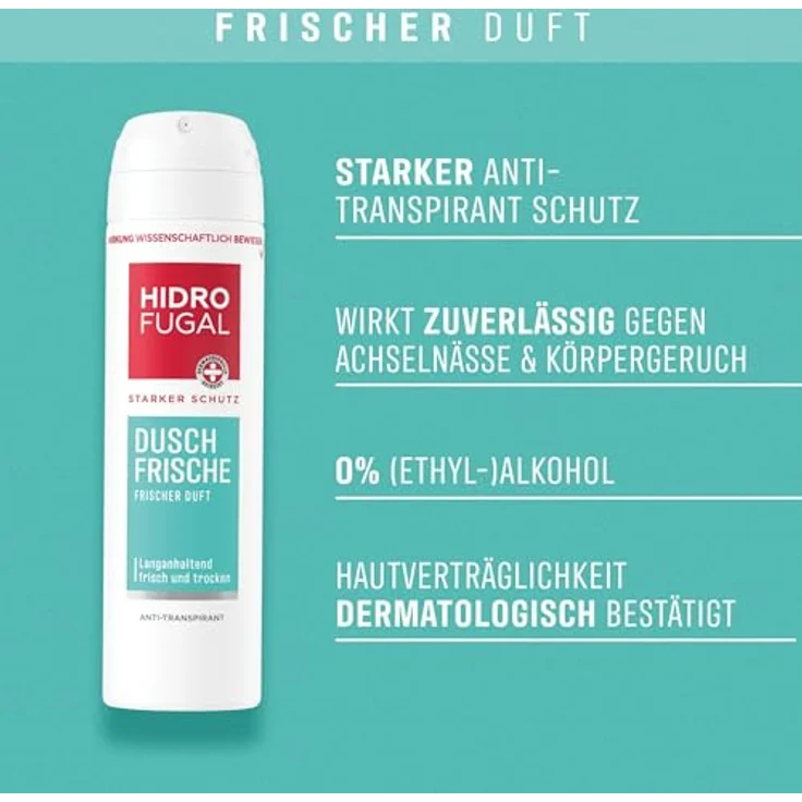 Hidrofugal DUSCH FRISCHE Spray, Antitranspirant Deo ohne Ethylalkohol, starker Schutz gegen Achselnässe und Körpergeruch, frischer Duft, 150 ml – Bild 2