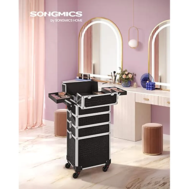 SONGMICS Alu Trolley, Kosmetikkoffer mit Rollen, Friseurkoffer, Schminkkoffer ohne Inhalt, Handgepäck, Beauty Case, 4 in 1, XXL, schwarz JHZ06B - Robuster Beauty Case mit Aluleiste, geräumige Aufteilung und Abschließfunktion – Bild 2