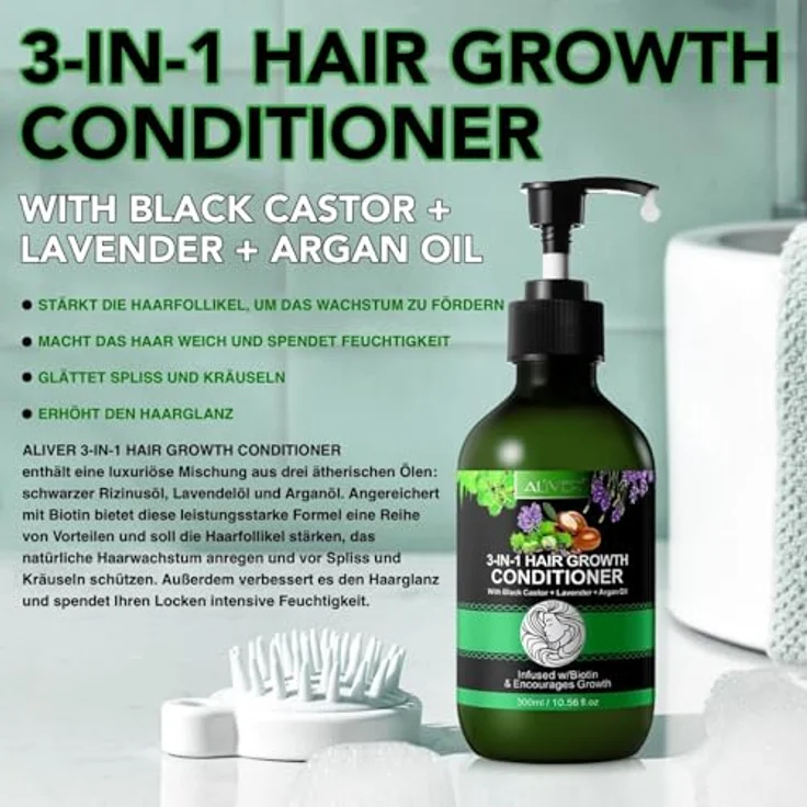 P-Beauty Cosmetic Accessories 3in1 Conditioner & Spülung, 3 x 300ml, mit Rizinus, Lavendel & Arganöl, regenerierend, fördert Haarwachstum, schützt vor Spliss, für alle Haartypen – Bild 2