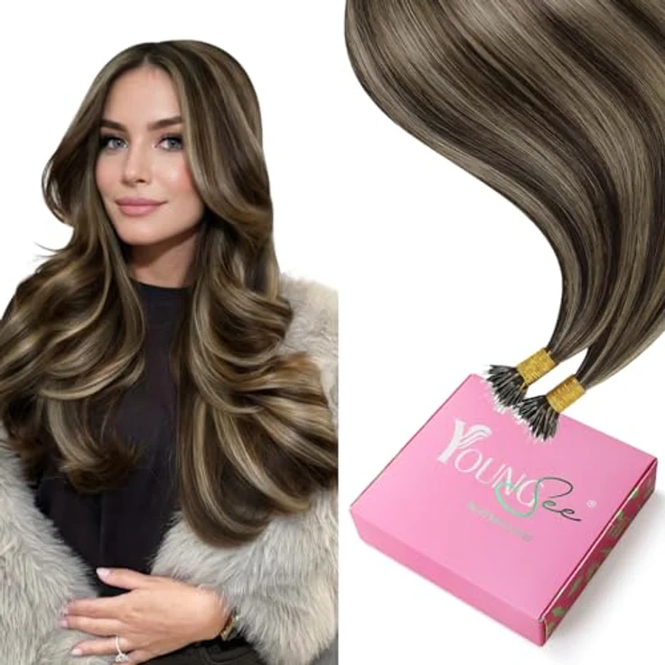 YoungSee Nano Extensions Echthaar Dunkelbraun, 40 cm, Nanoring Haarextension mit Braun Highlight Blond, 50g, P4/27, schonende Anwendung ohne Kleber, ideal für feines Haar, wiederverwendbar – Bild 1