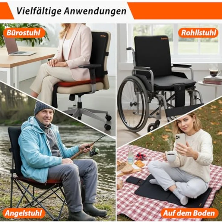 Thermrup Mobile Beheizbare Sitzauflage, Ferninfrarot Sitzheizung mit Akku- & Netzbetrieb, 3 Heizstufen, für Zuhause, Büro & Camping (40x80cm) – Bild 5