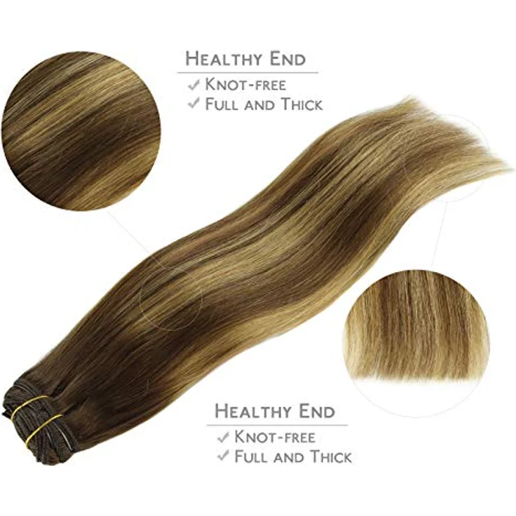 WENNALIFE Clip in Extensions Echthaar 45cm 120g 7pcs Balayage Schokoladenbraun bis Karamellblond Remy Hair Extensions – Bild 4