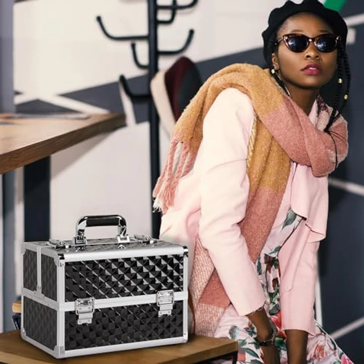 Yaheetech Kosmetikkoffer, abschließbar mit 3-lagiger Struktur, inkl. 2 Schlüssel, geräumiger Make-up Organizer für Friseure und Maskenbilder – Bild 2