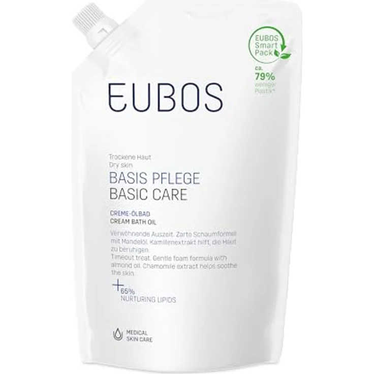 EUBOS BASIS PFLEGE Creme-Ölbad Nachfüllbeutel für trockene Haut, leicht schäumendes Bade-Öl, dermatologisch getestet, 400ml – Bild 1