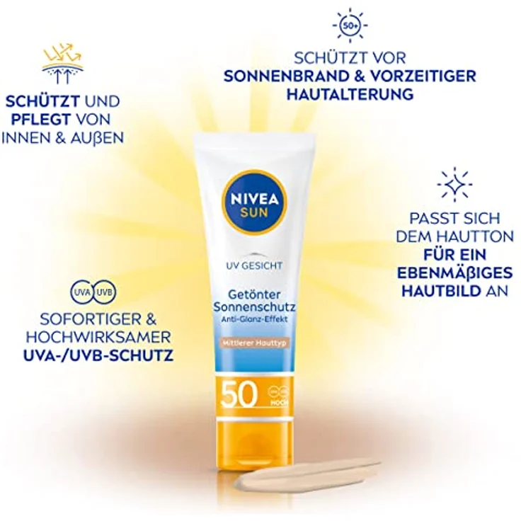 NIVEA SUN Sonnencreme fürs Gesicht LSF 50, feuchtigkeitsspendende Gesichtssonnencreme, getönte Sonnencreme für ebenmäßigen Teint, SUN UV Gesicht getönter Sonnenschutz BB ebenmäßiges Hautbild (50 ml) – Bild 2