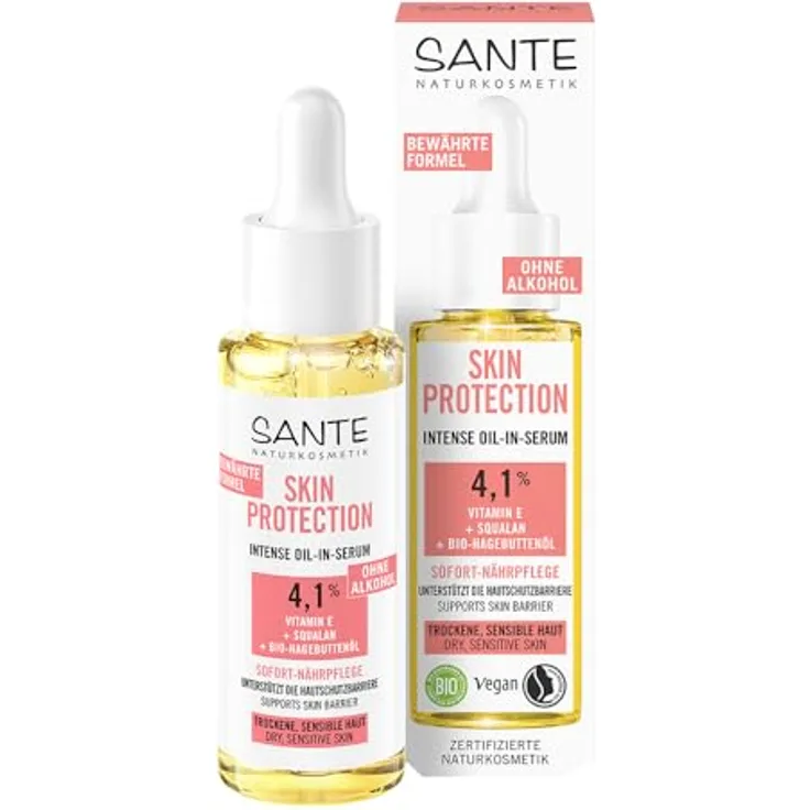 Sante Naturkosmetik Skin Protection Intense Serum, Feuchtigkeitsserum für Damen, 30 ml mit Bio-Rose und Hagebuttenöl