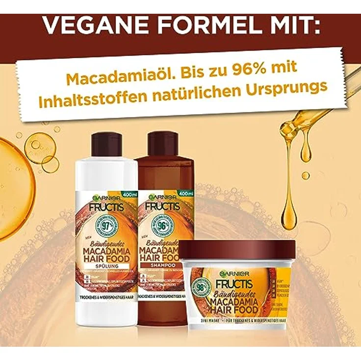 Garnier Macadamia 3in1 Haarmaske für trockenes und widerspenstiges Haar, Leave In für ein natürlich sanftes Haargefühl, Vegane Formel mit natürlichen Inhaltsstoffen, Fructis Hair Food, 1 x 400 ml – Bild 3