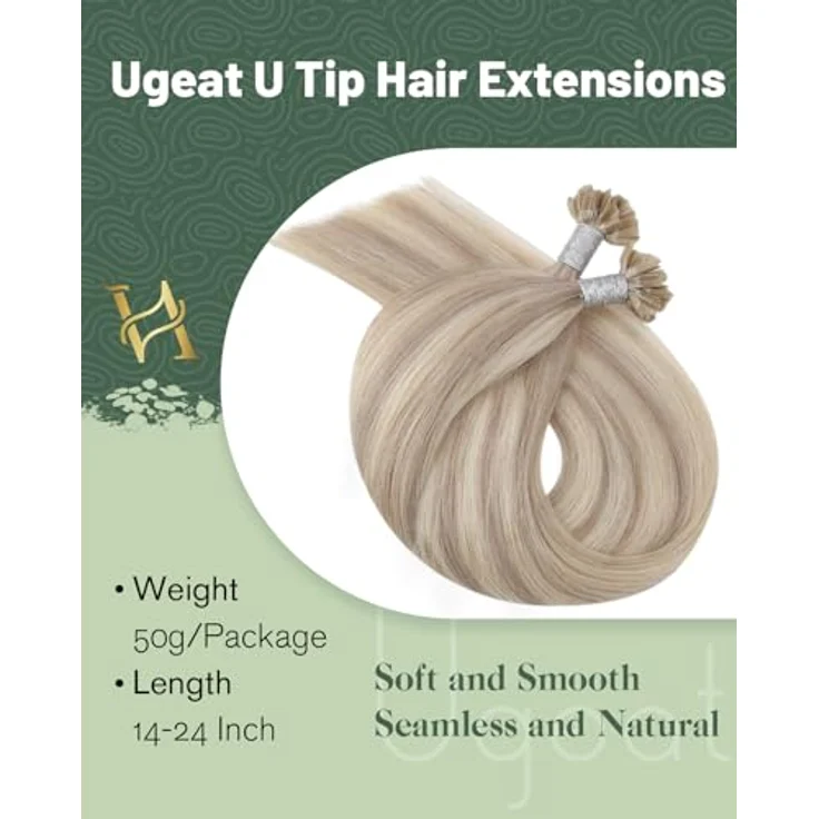 Ugeat Bonding Extensions Echthaar Blond Highlight, 50 cm, 50 Strähnen, U Tip Keratin-Bonds, #P18/613 – Bild 3