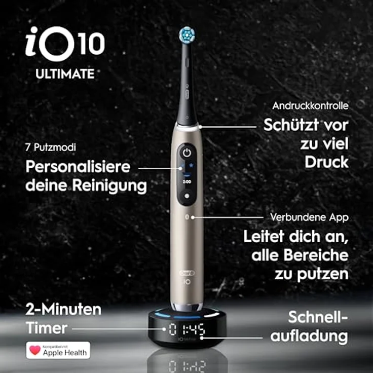 Oral-B iO Series 10, Elektrische Zahnbürste mit iO Sense Schnellladestation, 7 Putzmodi, einschließlich 1 Aufsteckbürste und Lade-Reise-Etui, Lunar Gold – Bild 2