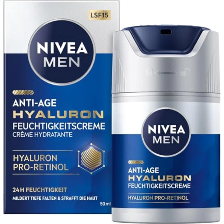 Nivea Men Anti-Age Hyaluron Feuchtigkeitscreme, Gesichtspflege mit Hyaluron, Pro-Retinol und LSF 15, 24h Feuchtigkeit und Faltenmilderung (50 ml) – Bild 1