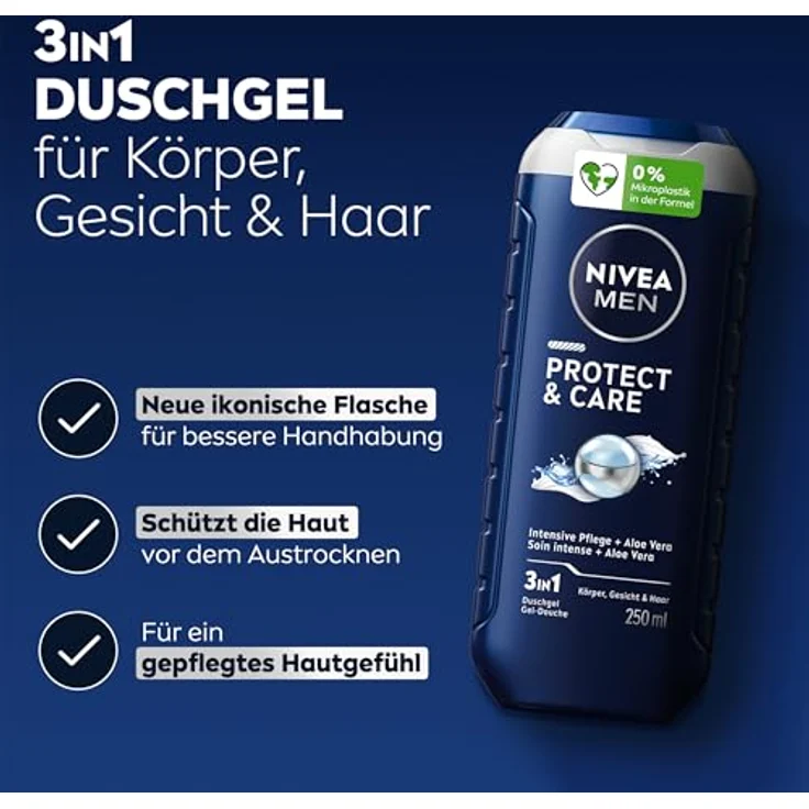 NIVEA MEN Protect & Care Duschgel, pH-hautneutrale Pflegedusche mit Aloe Vera für Körper, Gesicht und Haar, 250 ml – Bild 2