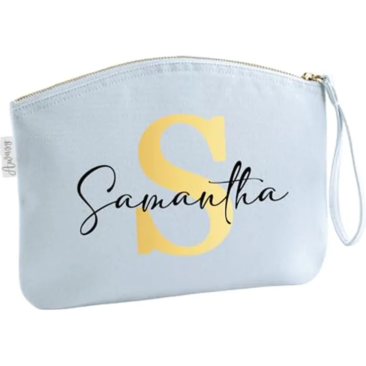 minimutz Schminktasche für Mädchen, personalisierte Kosmetiktasche mit Initiale und Namensdruck, 19 x 17 cm, Pastell Blau